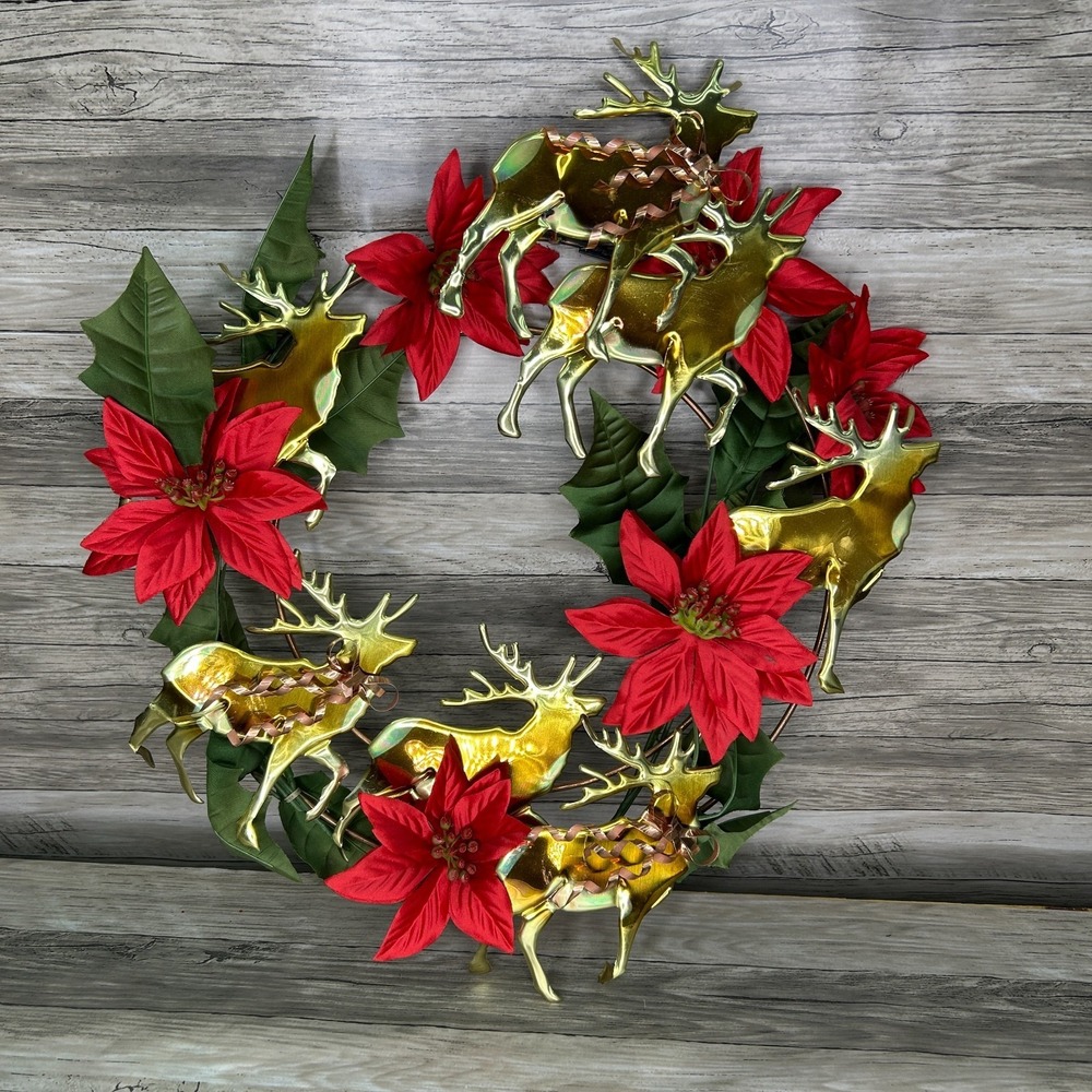 Metal Reindeer Deer Holiday Wreath Brass‎ Copper Tone Vintage